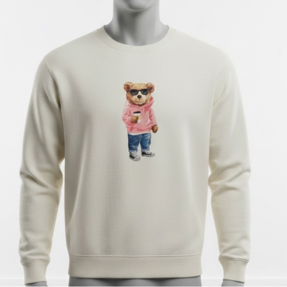 Denim & Flower Bear Graphic Sweatshirt - Cream Size L